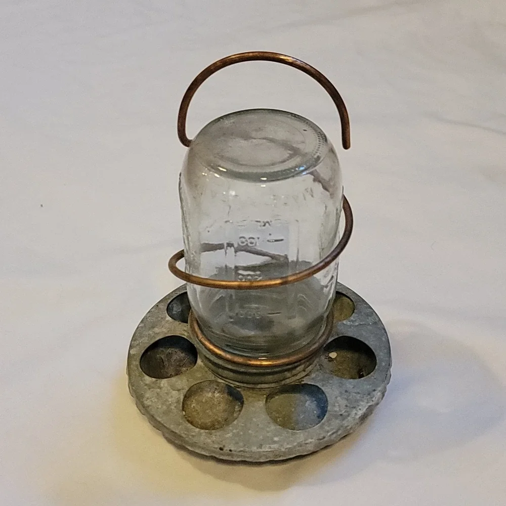 Vintage Ball Mason Jar Chicken Small Animal Metal Feeder w/Copper Hanger Rustic